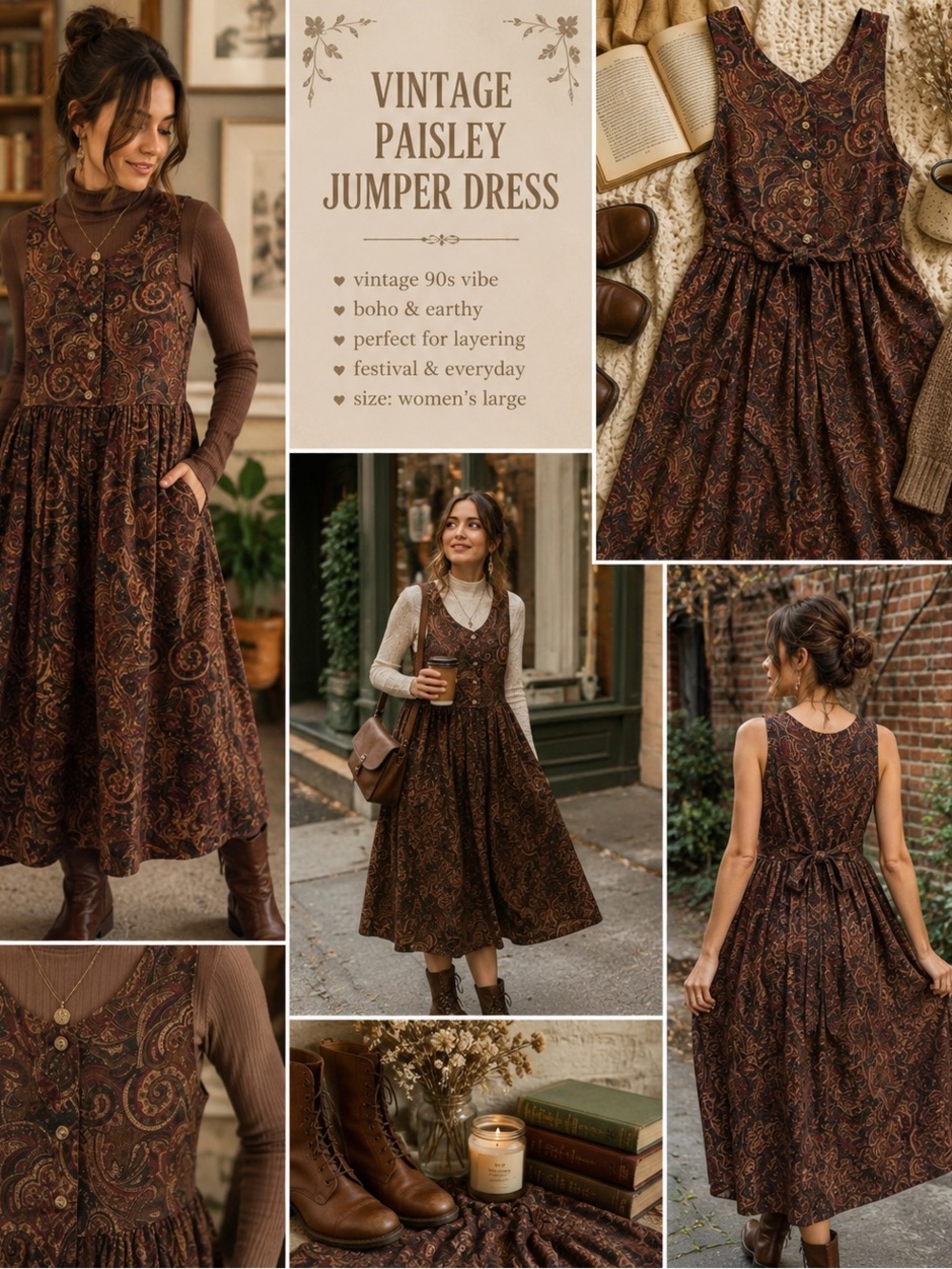 Vintage 90s Paisley Jumper Dress Women’s Large Brown Boho Prairie Midi Festival